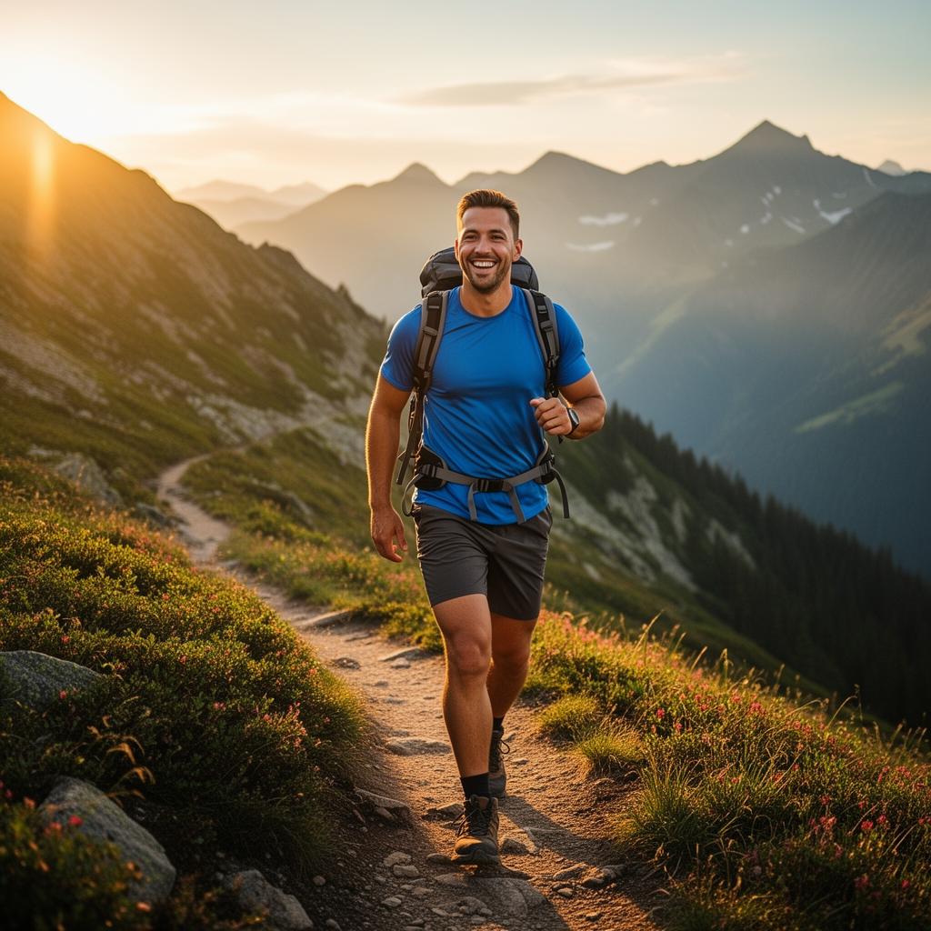 Man hiking on a mountain trail at golden hour