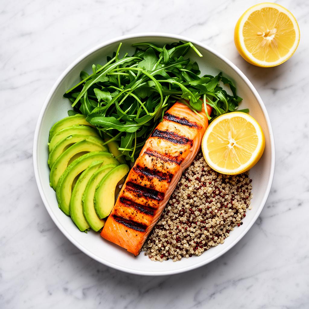 Balanced Mediterranean bowl with salmon, greens and quinoa