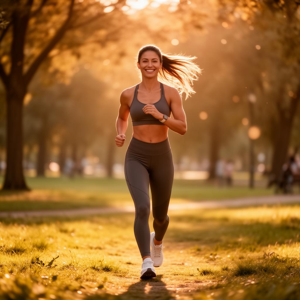 Woman jogging in a park at sunrise